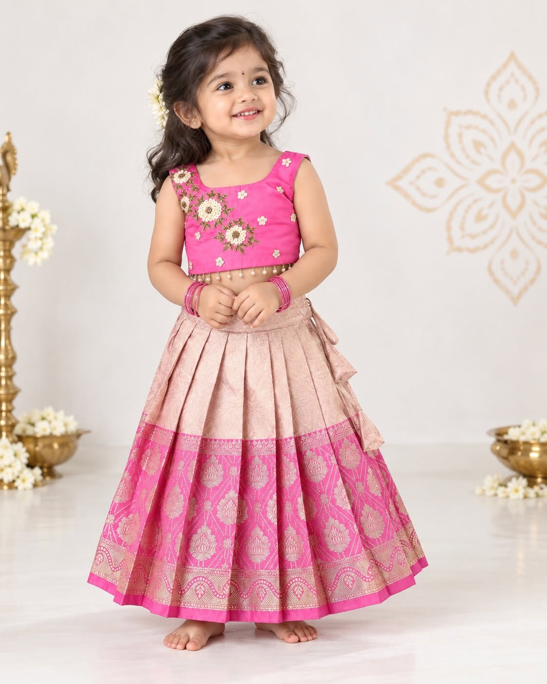 VAMIKA - Beautiful pink crop top & blush-pink Banarasi skirt