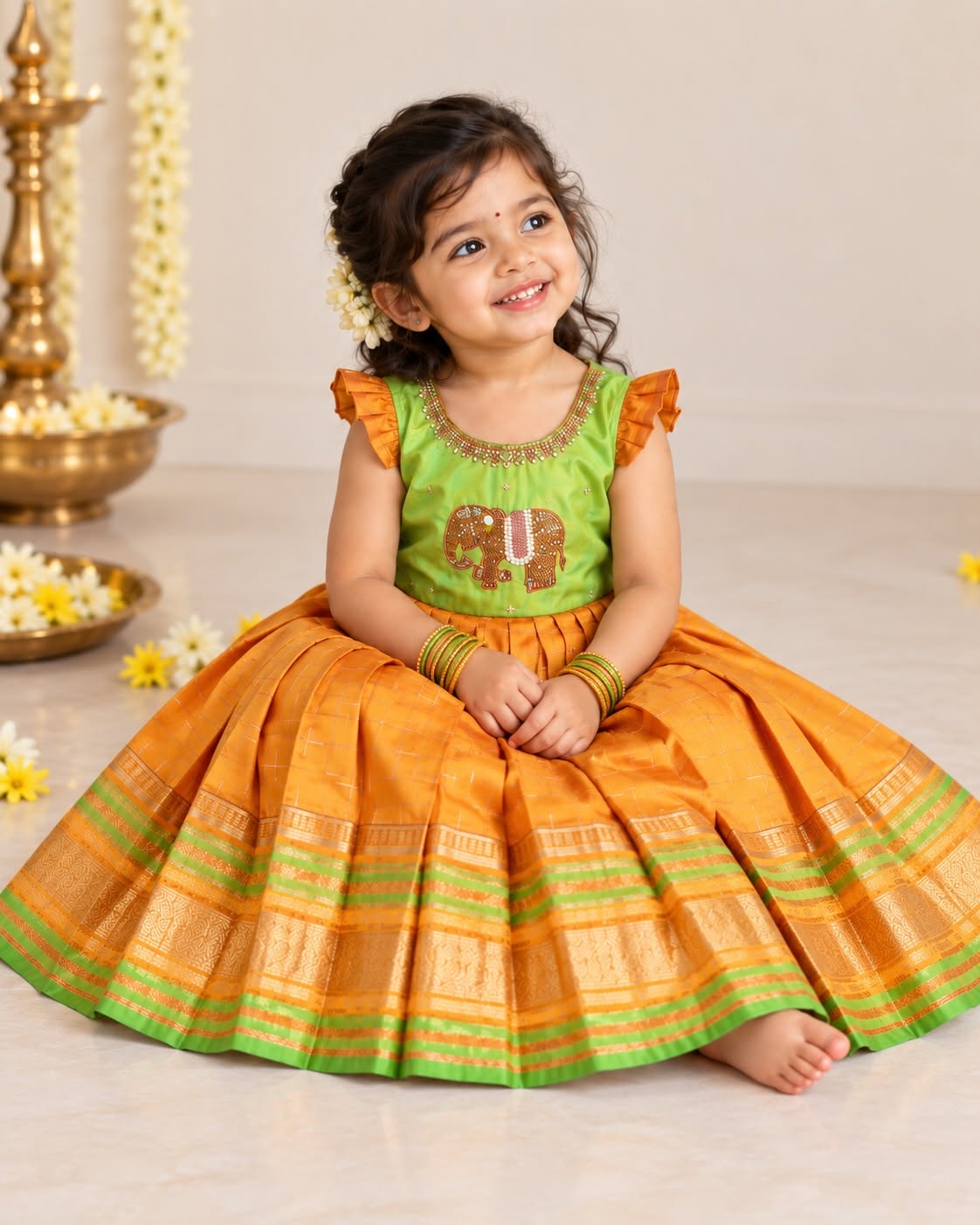 LAYA - A beautiful green & Mustard Yellow traditional long frock with an intricate elephant motif embellishment