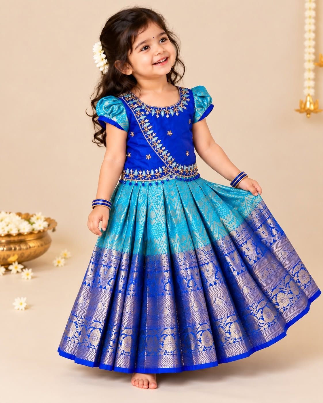 MILIR - Royal Blue & Light Blue Aariwork Premium Banarasi Paavadai and Sattai