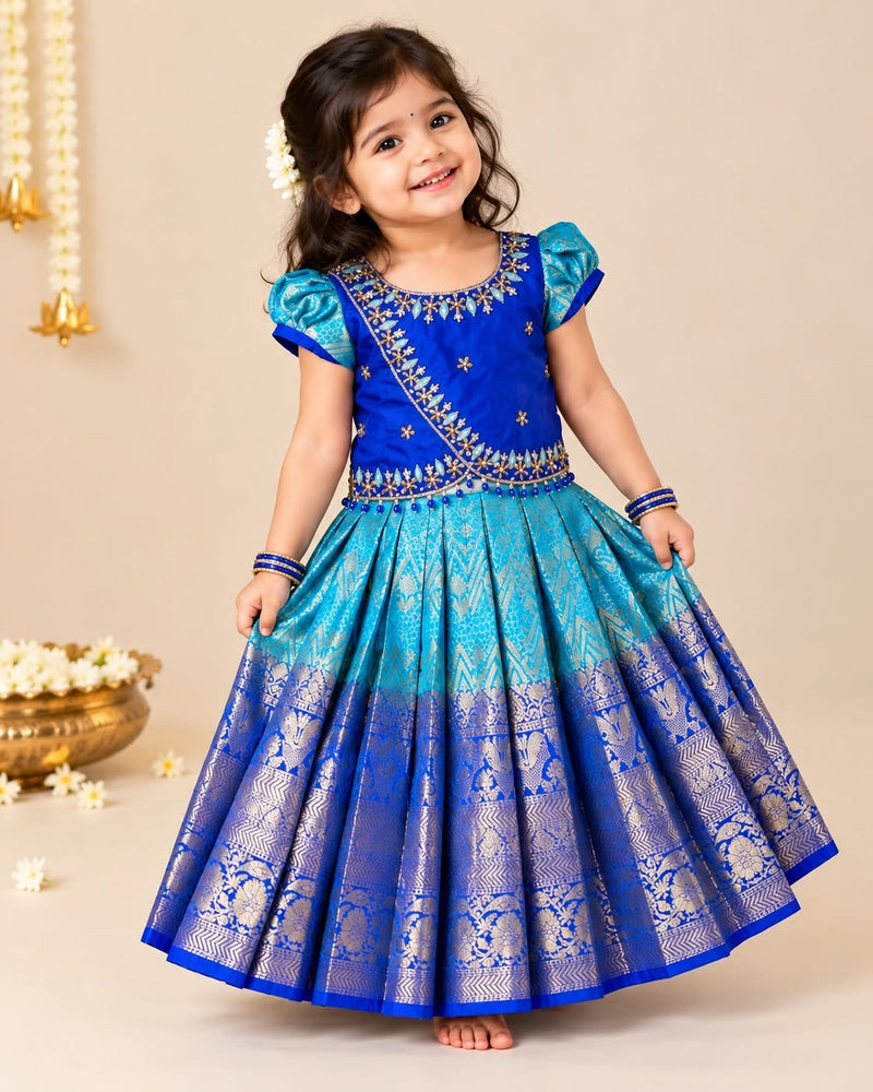 MILIR - Royal Blue & Light Blue Aariwork Premium Banarasi Paavadai and Sattai