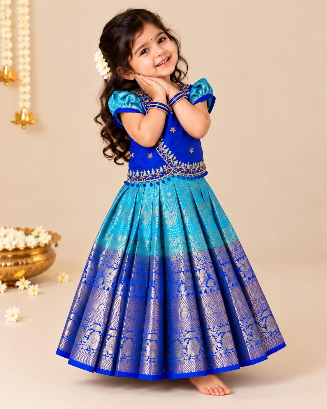 MILIR - Royal Blue & Light Blue Aariwork Premium Banarasi Paavadai and Sattai