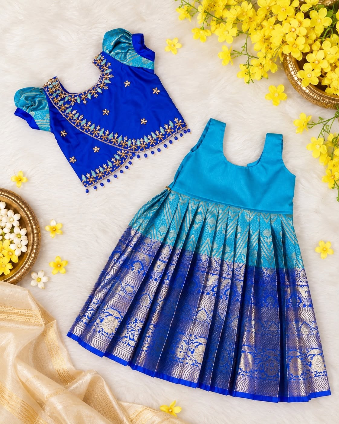 MILIR - Royal Blue & Light Blue Aariwork Premium Banarasi Paavadai and Sattai