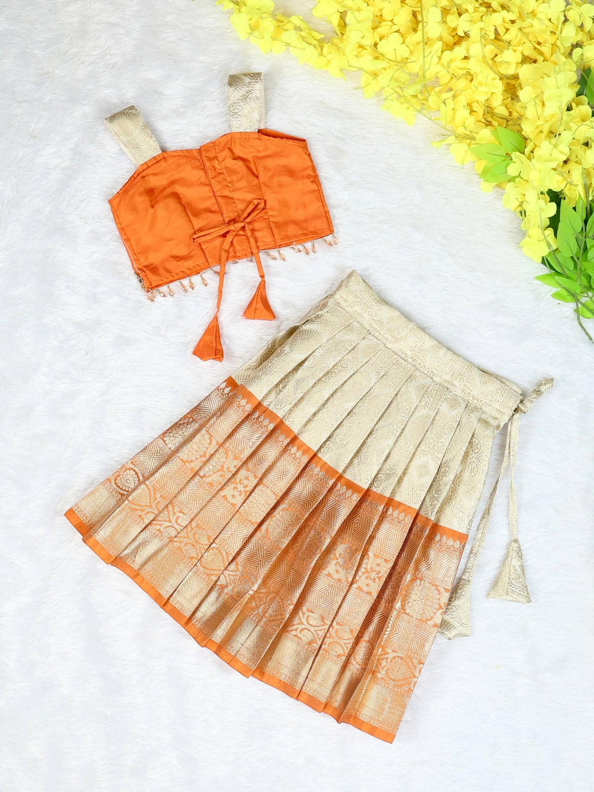 TANVI - A Royal Blend of Orange & Ivory Gold Premium Banarasi Skirt and Top