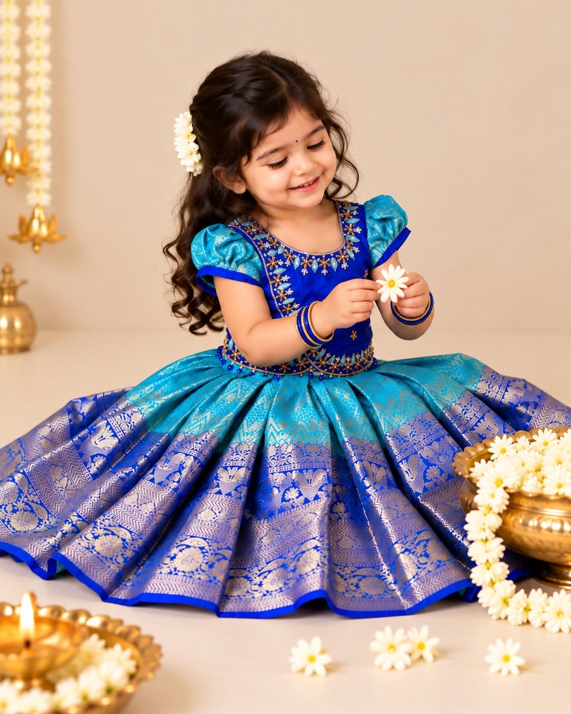 MILIR - Royal Blue & Light Blue Aariwork Premium Banarasi Paavadai and Sattai