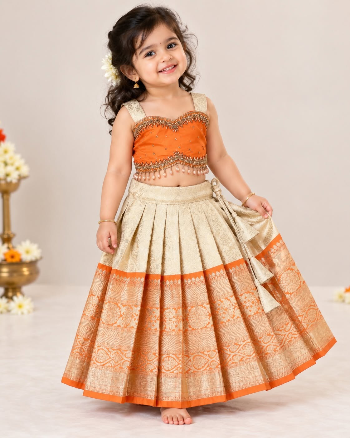 TANVI - A Royal Blend of Orange & Ivory Gold Premium Banarasi Skirt and Top