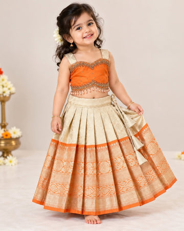 TANVI - A Royal Blend of Orange & Ivory Gold Premium Banarasi Skirt and Top