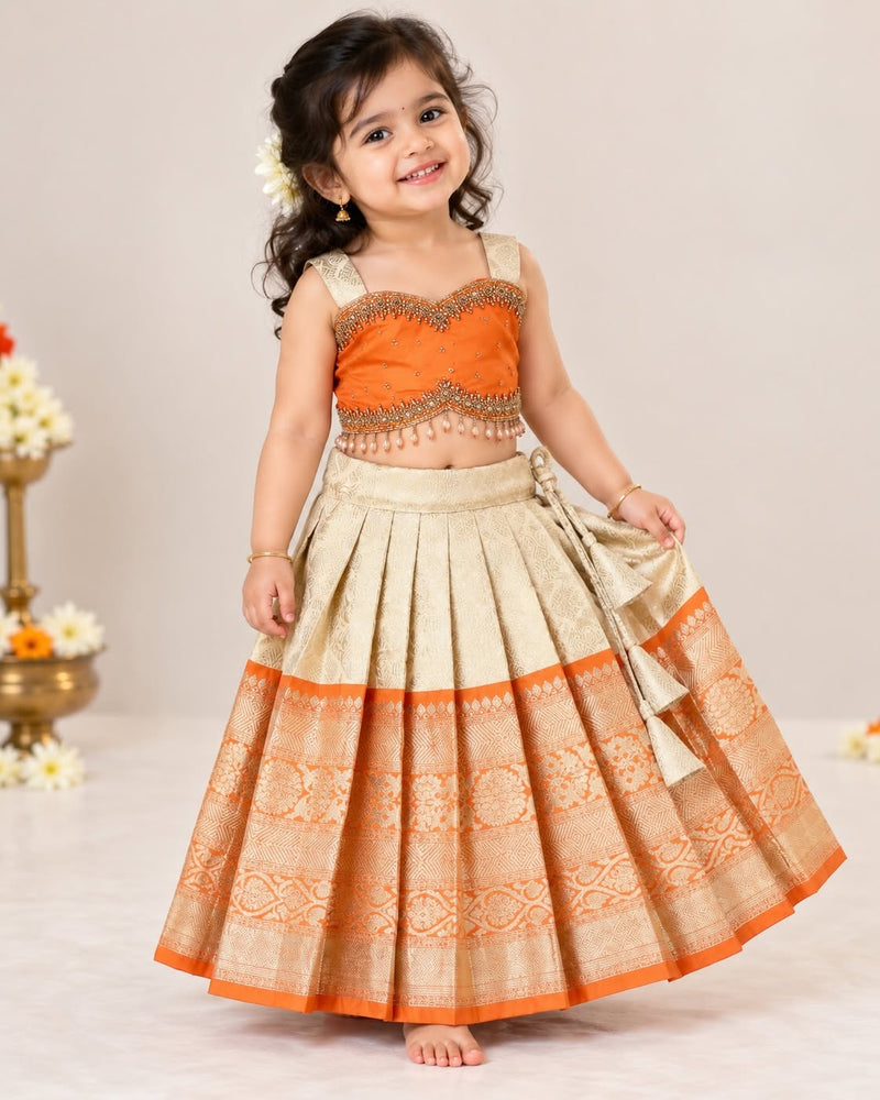 TANVI - A Royal Blend of Orange & Ivory Gold Premium Banarasi Skirt and Top