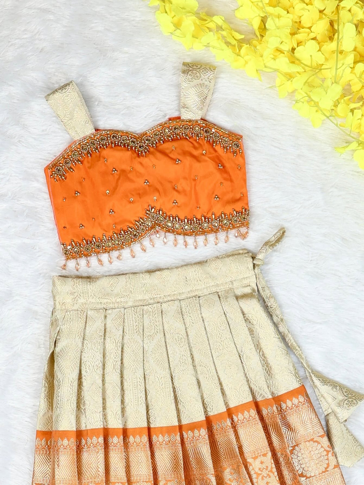 TANVI - A Royal Blend of Orange & Ivory Gold Premium Banarasi Skirt and Top