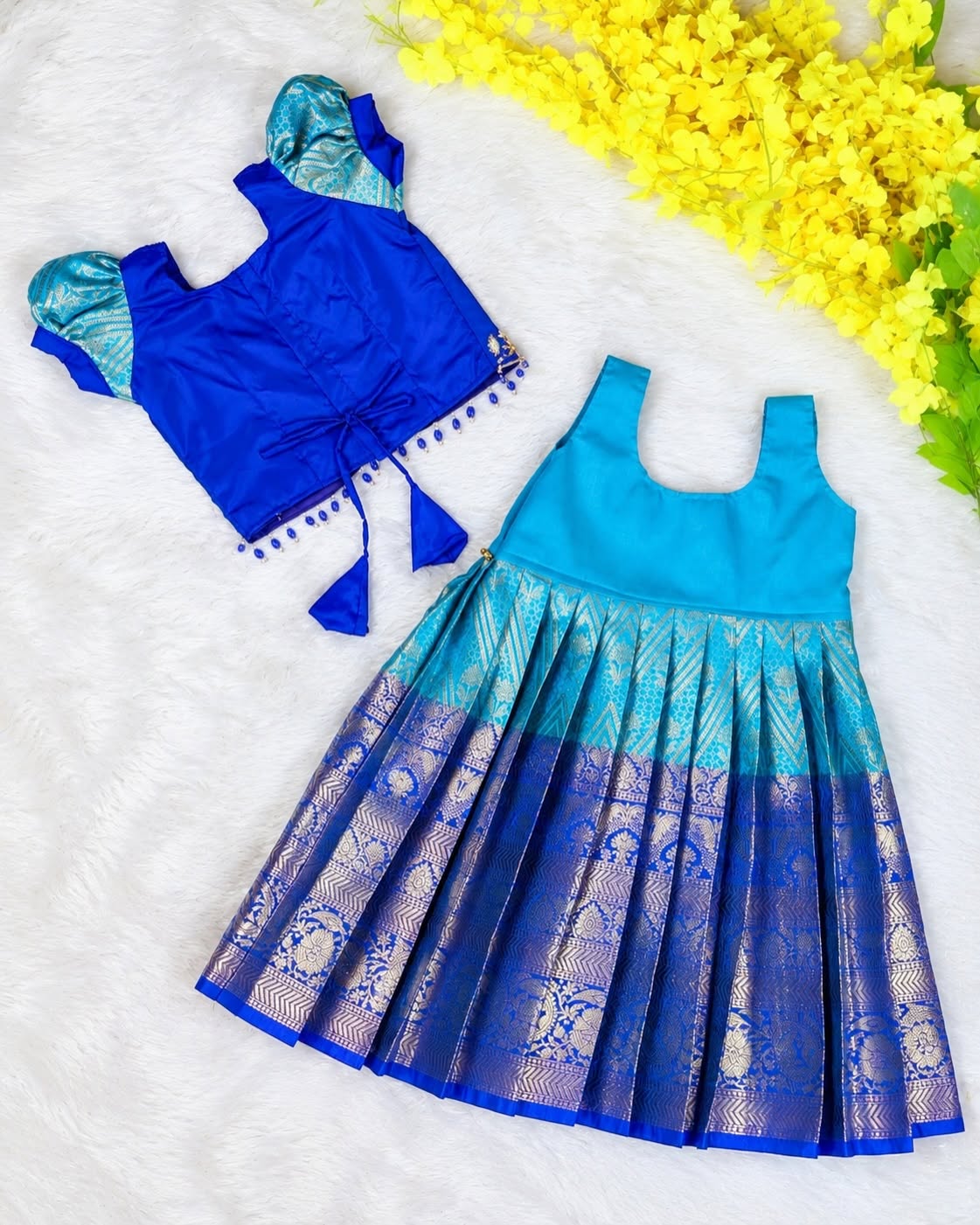MILIR - Royal Blue & Light Blue Aariwork Premium Banarasi Paavadai and Sattai