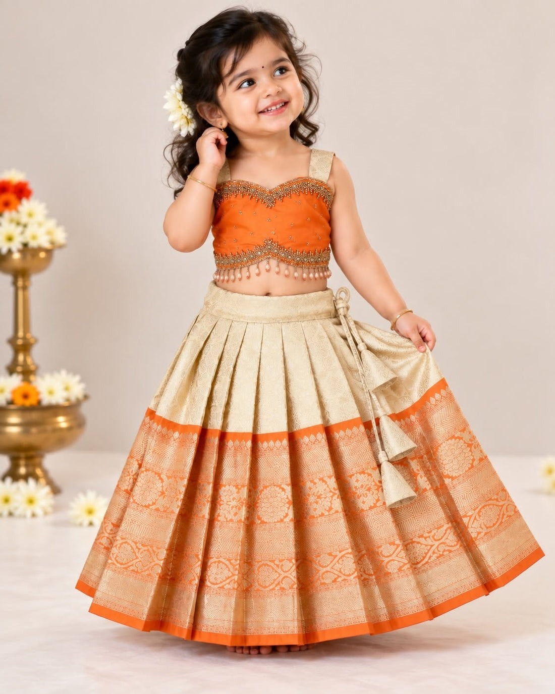 TANVI - A Royal Blend of Orange & Ivory Gold Premium Banarasi Skirt and Top