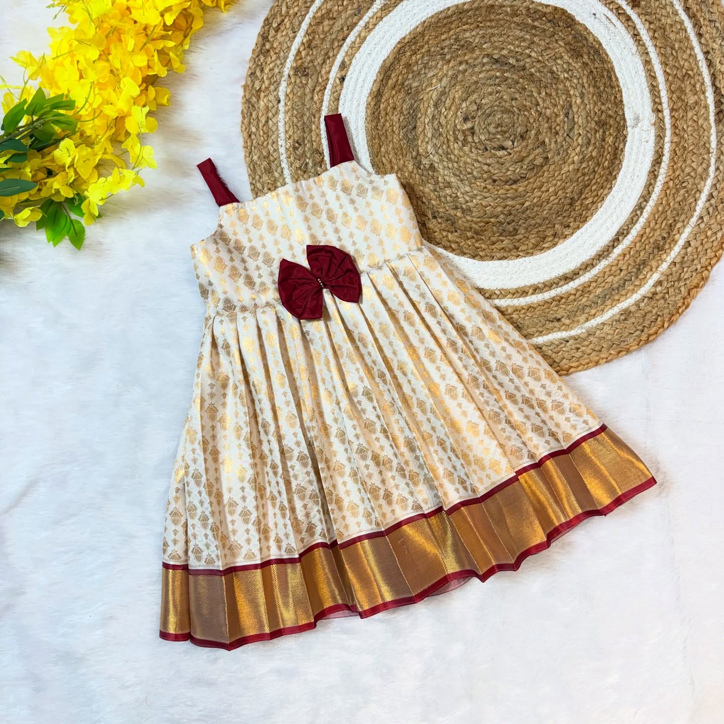 Off-White and Maroon Semi Kanchipattu Frock