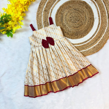 Off-White and Maroon Semi Kanchipattu Frock