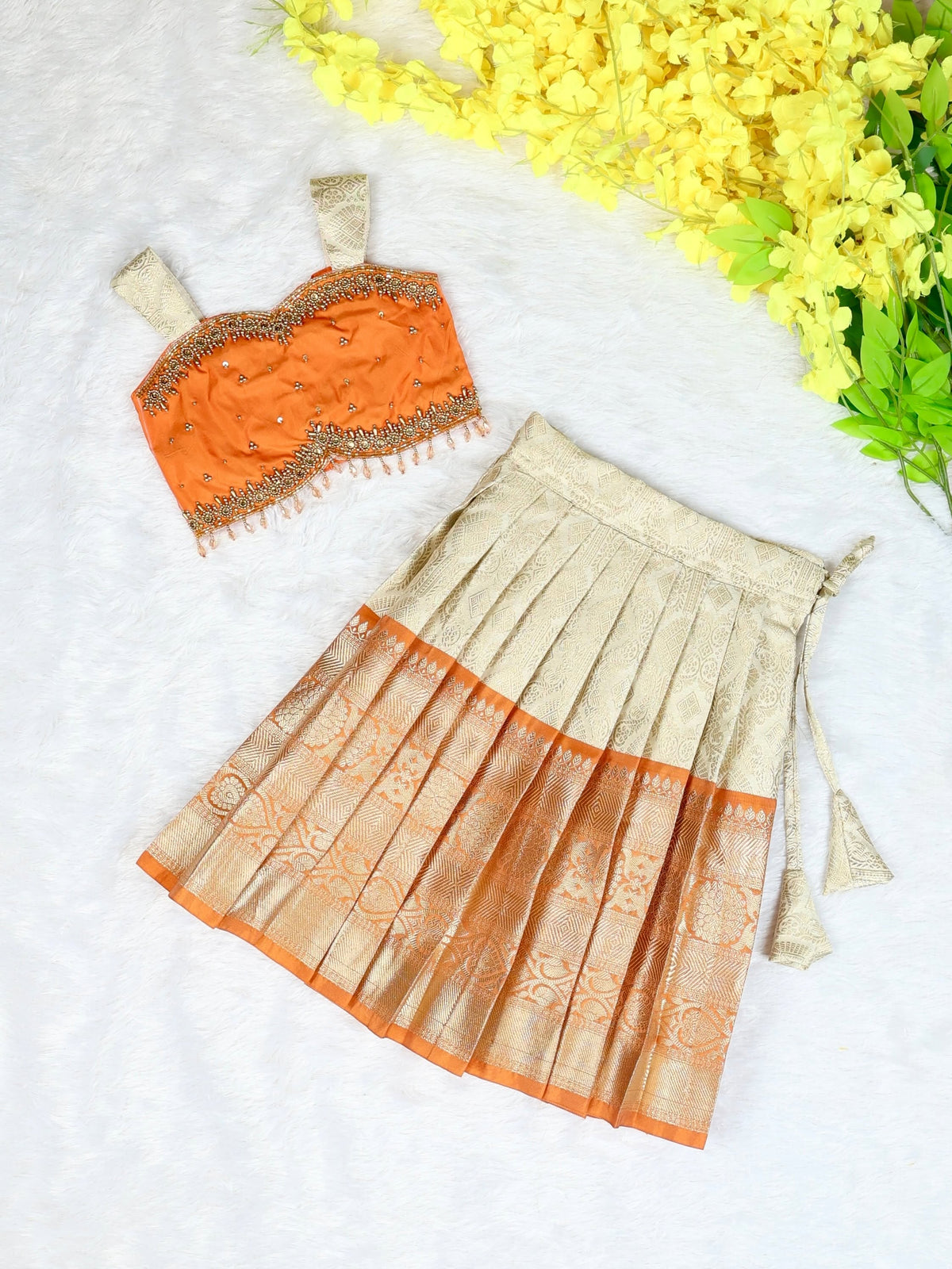 TANVI - A Royal Blend of Orange & Ivory Gold Premium Banarasi Skirt and Top