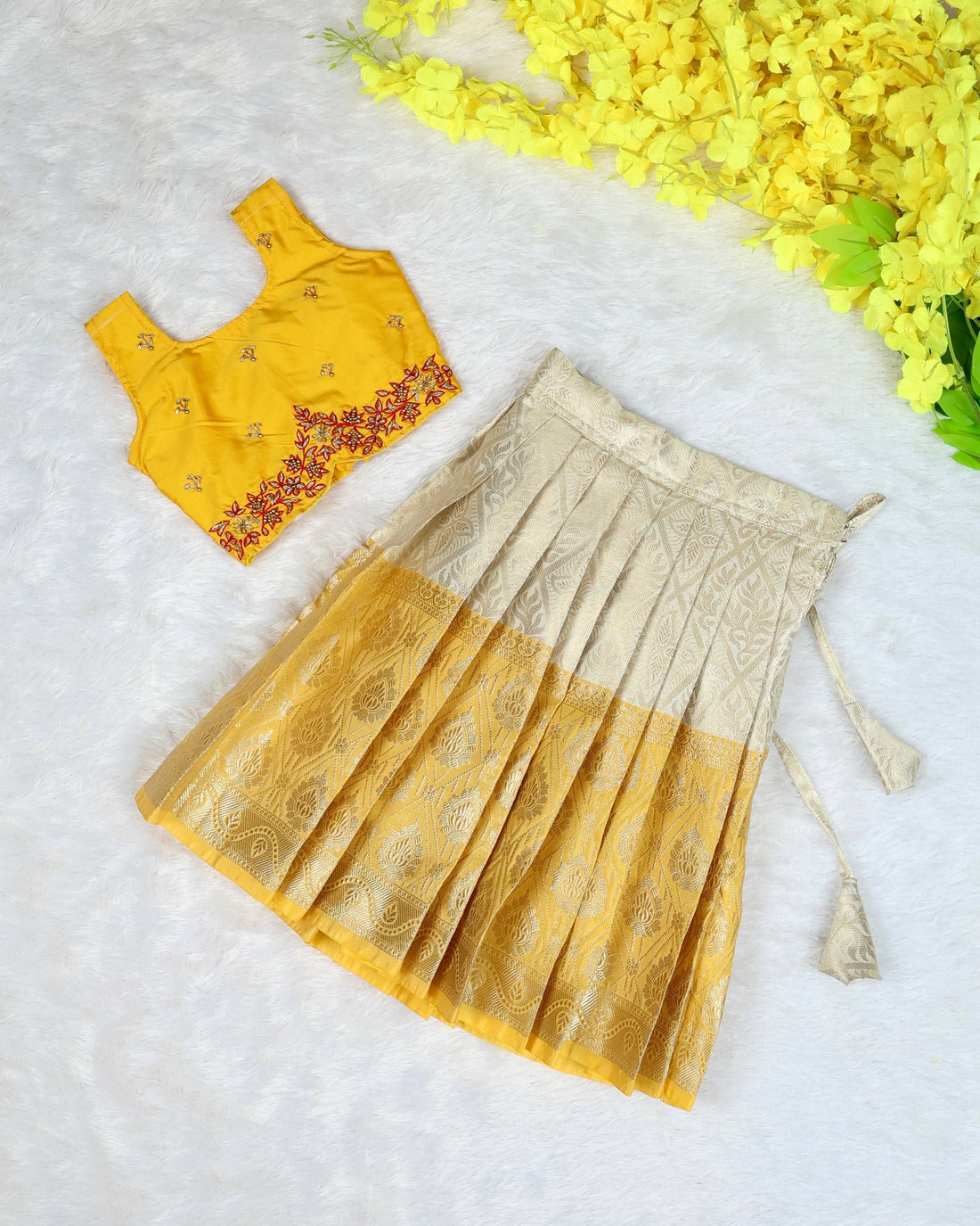 VENBA - A beautiful festive crop top & skirt set crafted in a rich yellow and elegant ivory-gold combination