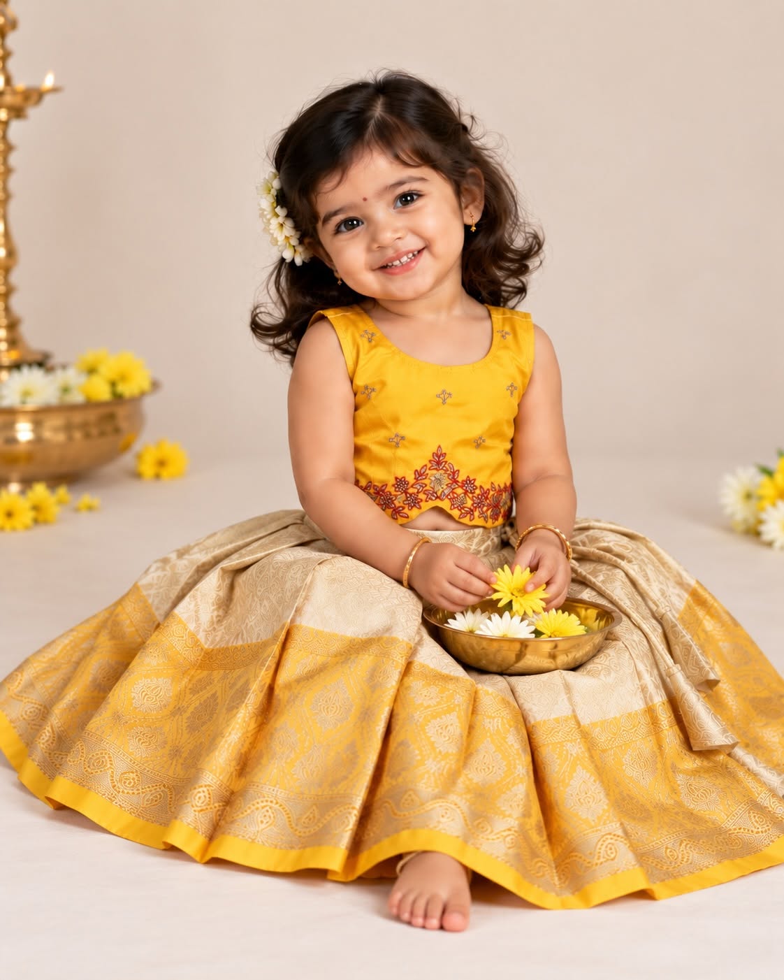 VENBA - A beautiful festive crop top & skirt set crafted in a rich yellow and elegant ivory-gold combination