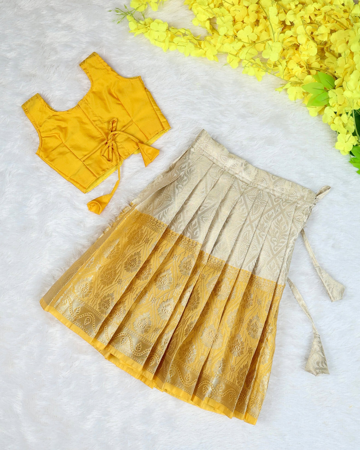 VENBA - A beautiful festive crop top & skirt set crafted in a rich yellow and elegant ivory-gold combination