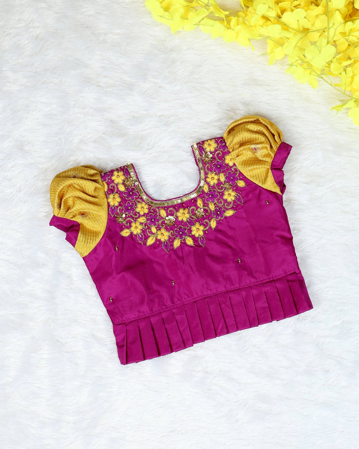 RADHAI - A gorgeous golden yellow & magenta festive set featuring a beautifully detailed Aari-work blouse