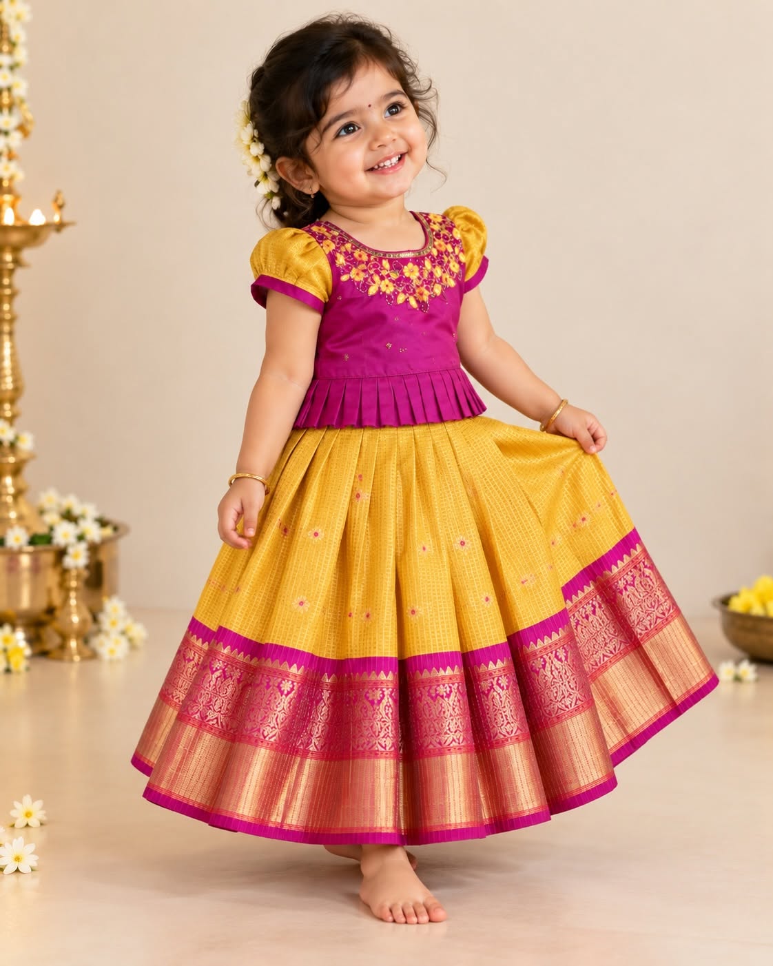 RADHAI - A gorgeous golden yellow & magenta festive set featuring a beautifully detailed Aari-work blouse
