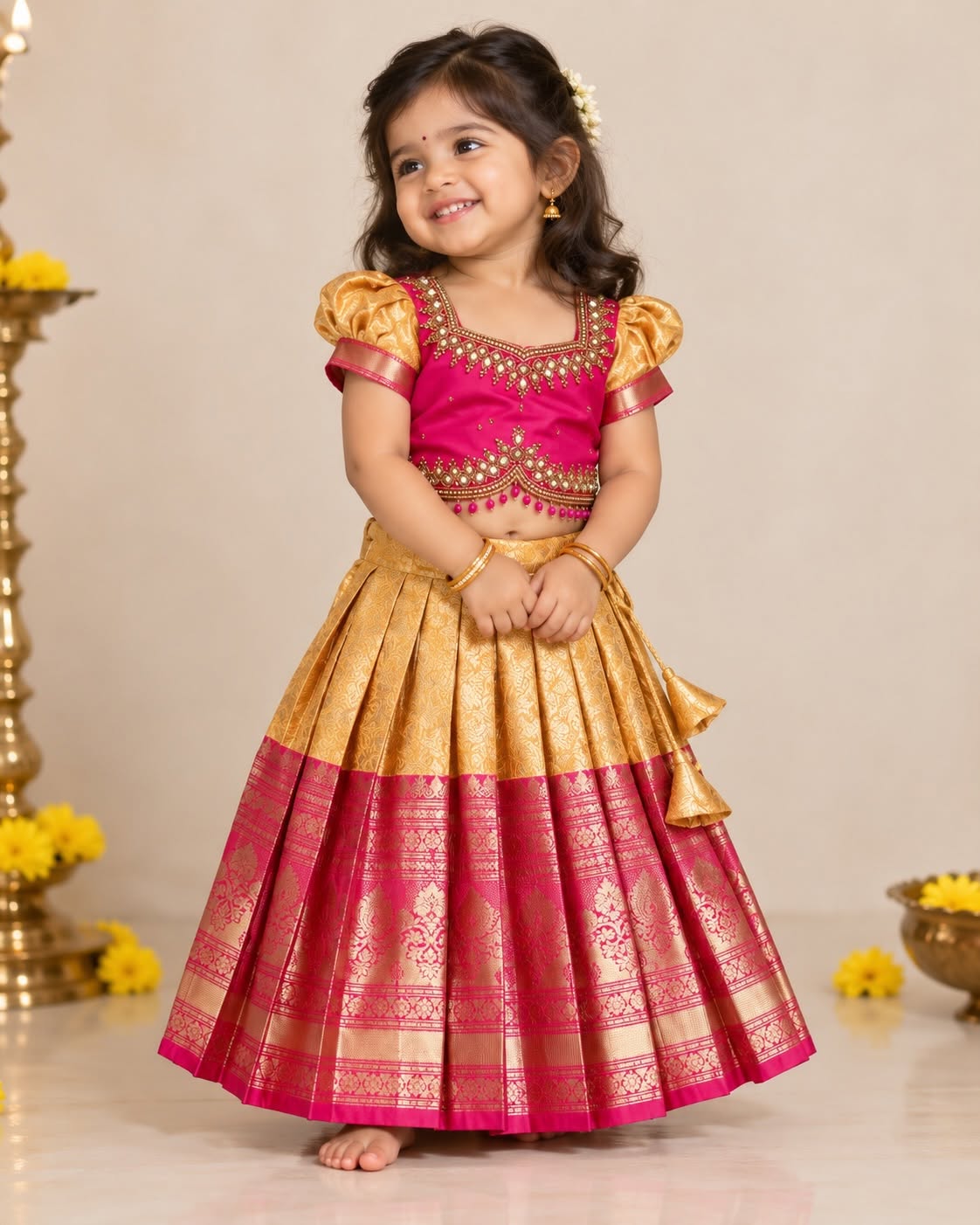 YALINI - Pink & Golden Yellow Premium Banarasi Pattu Paavadai