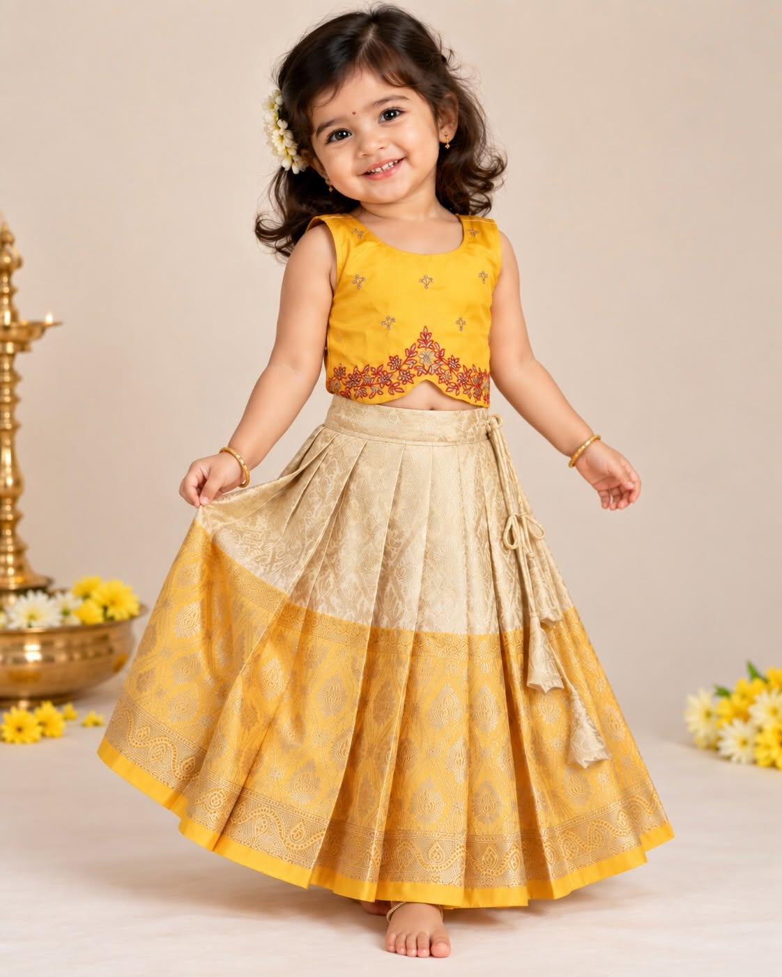 VENBA - A beautiful festive crop top & skirt set crafted in a rich yellow and elegant ivory-gold combination