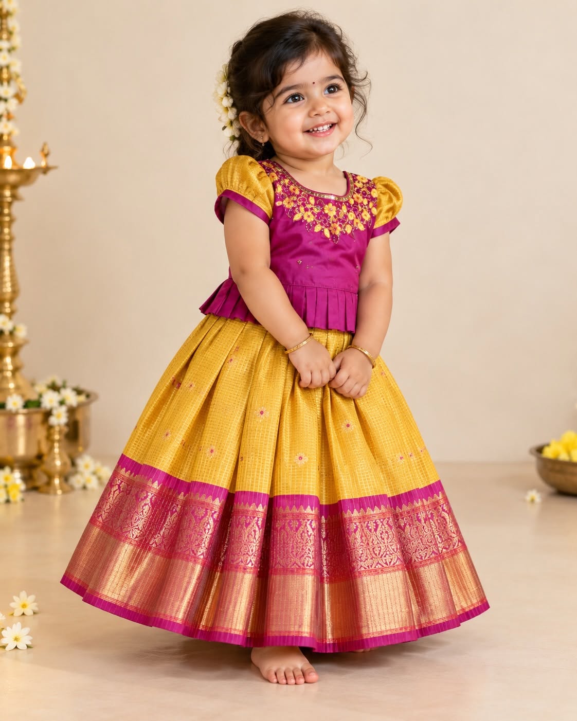 RADHAI - A gorgeous golden yellow & magenta festive set featuring a beautifully detailed Aari-work blouse