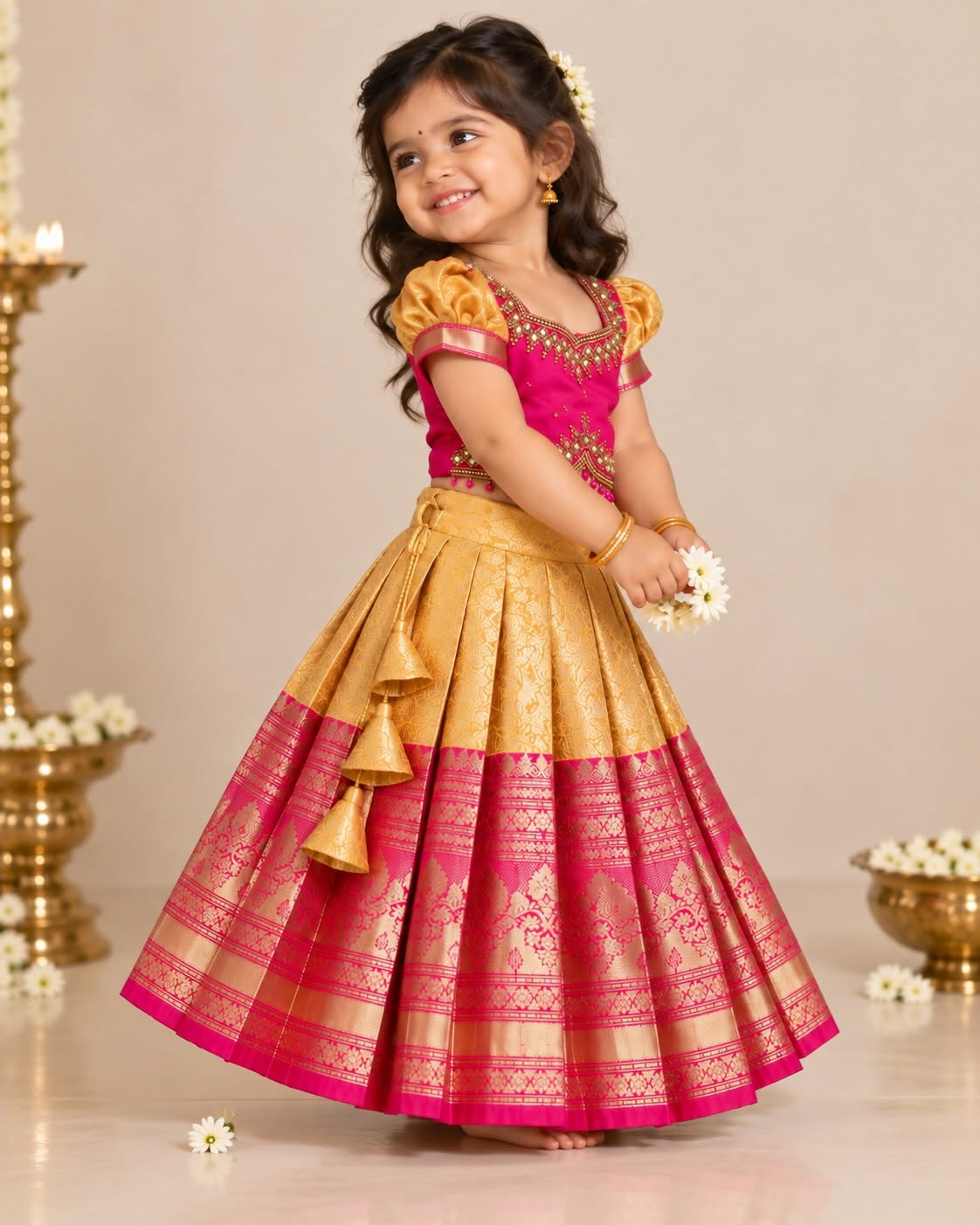 YALINI - Pink & Golden Yellow Premium Banarasi Pattu Paavadai