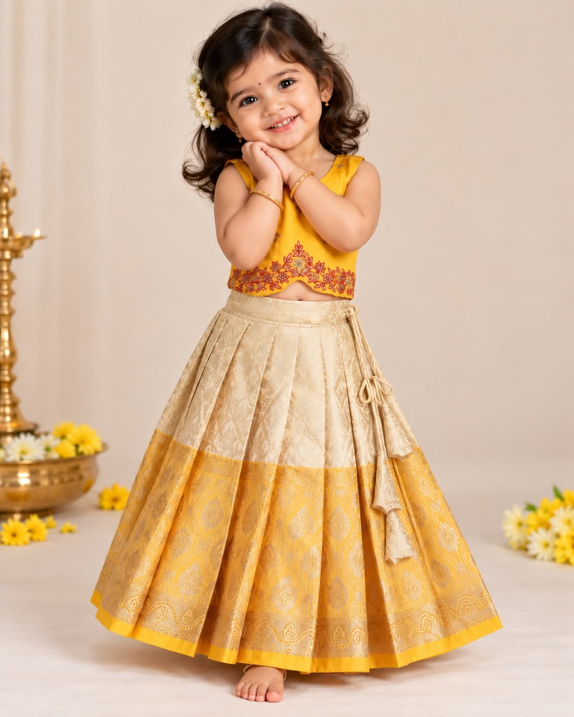 VENBA - A beautiful festive crop top & skirt set crafted in a rich yellow and elegant ivory-gold combination
