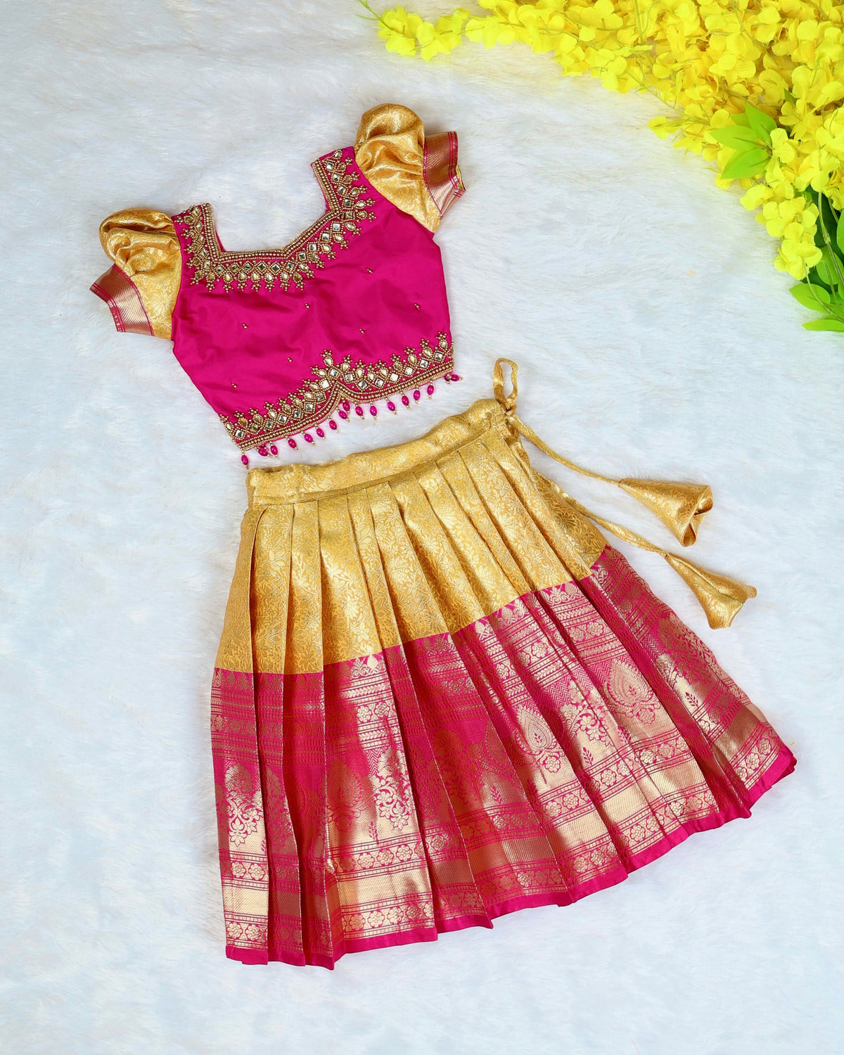 YALINI - Pink & Golden Yellow Premium Banarasi Pattu Paavadai