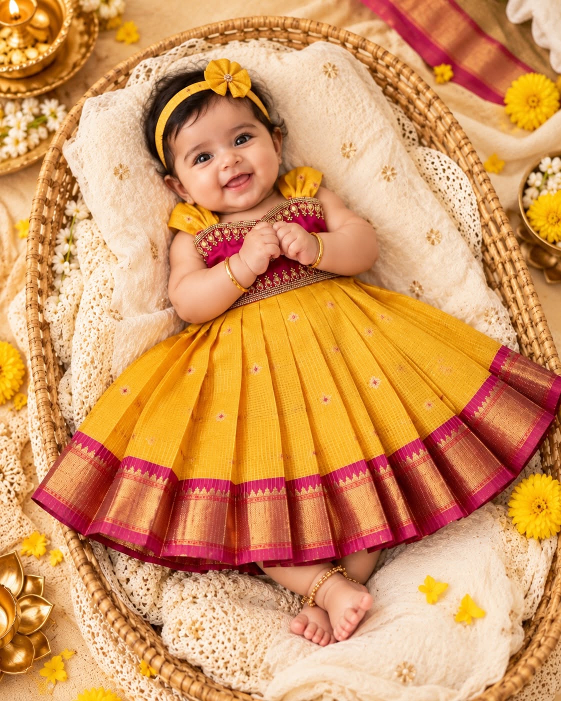 SAYURI - Classic Yellow & Magenta Pink Pattu Frock