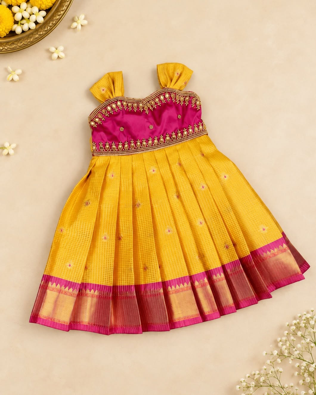 SAYURI - Classic Yellow & Magenta Pink Pattu Frock
