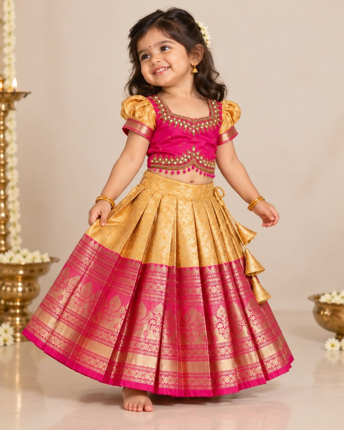 YALINI - Pink & Golden Yellow Premium Banarasi Pattu Paavadai