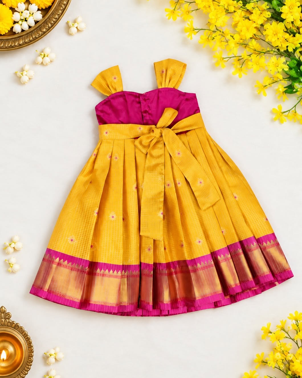 SAYURI - Classic Yellow & Magenta Pink Pattu Frock