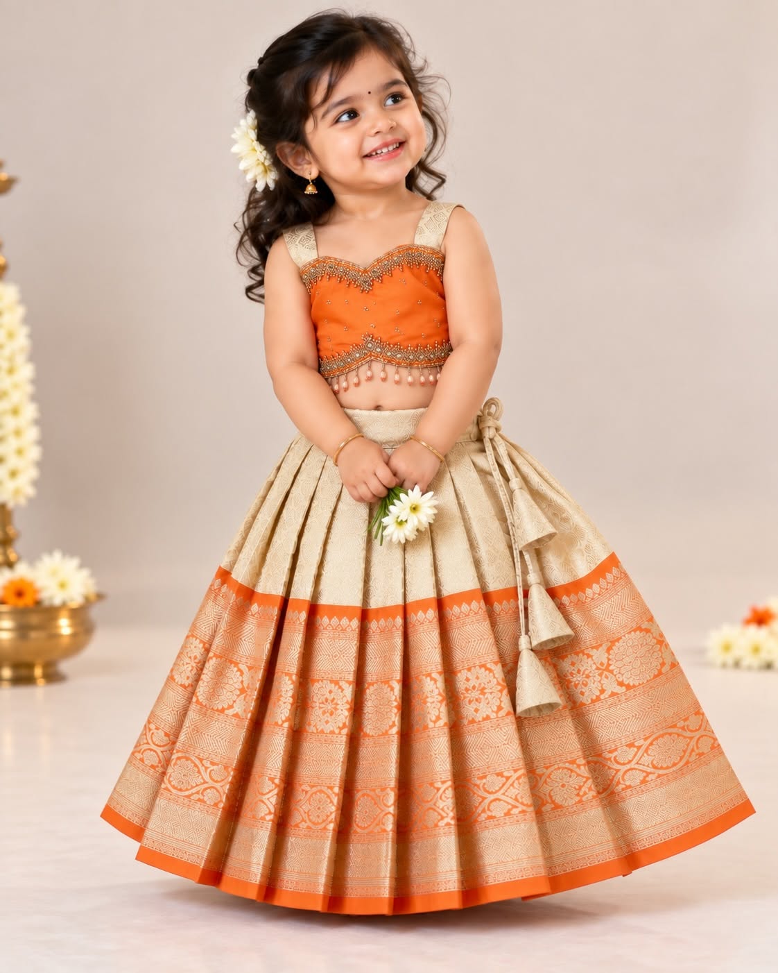 TANVI - A Royal Blend of Orange & Ivory Gold Premium Banarasi Skirt and Top