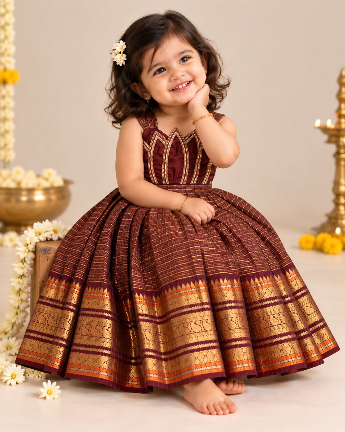 SENTHAMARAI - A rich deep brown frock beautifully adorned with intricate lotus Aariwork