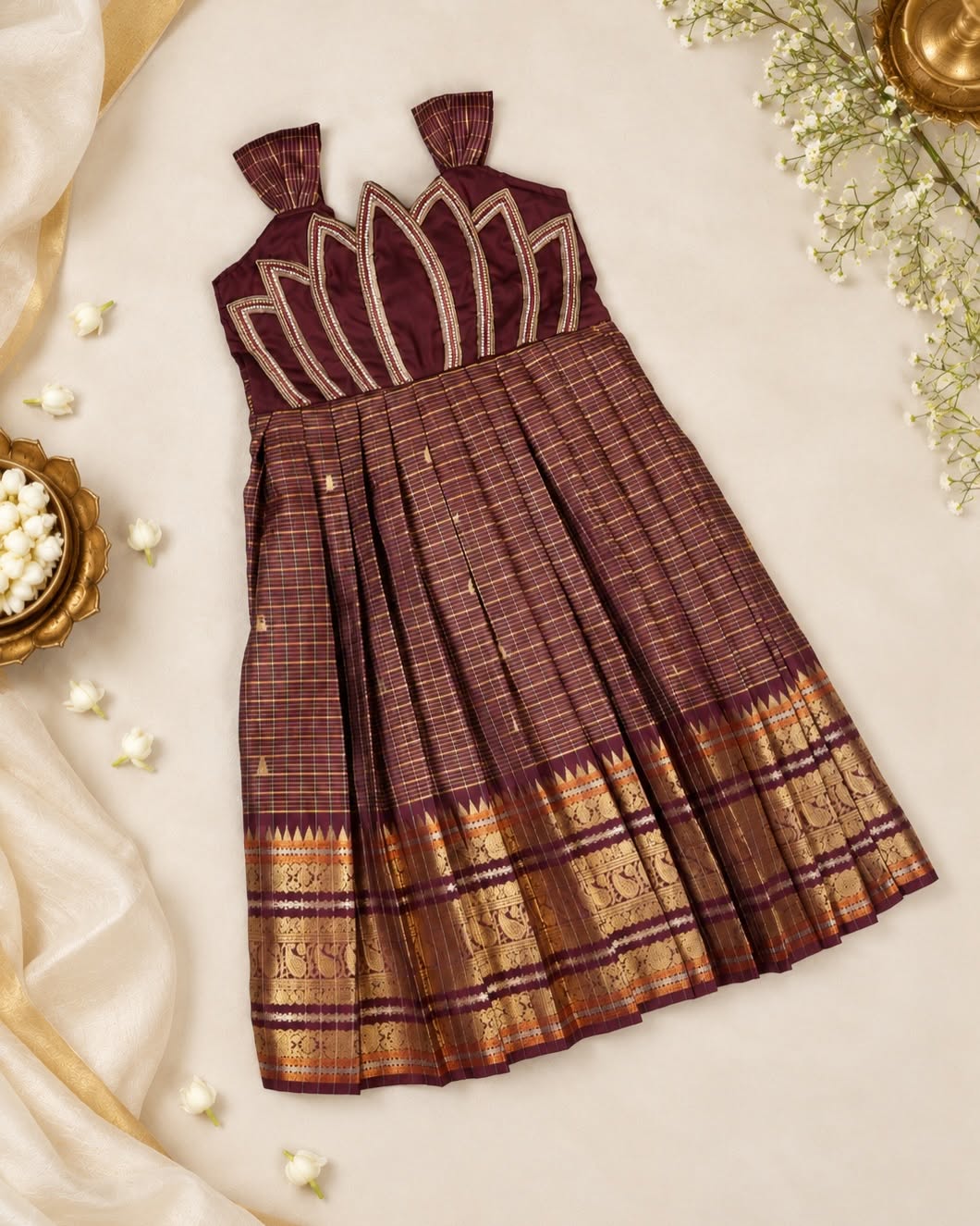 SENTHAMARAI - A rich deep brown frock beautifully adorned with intricate lotus Aariwork
