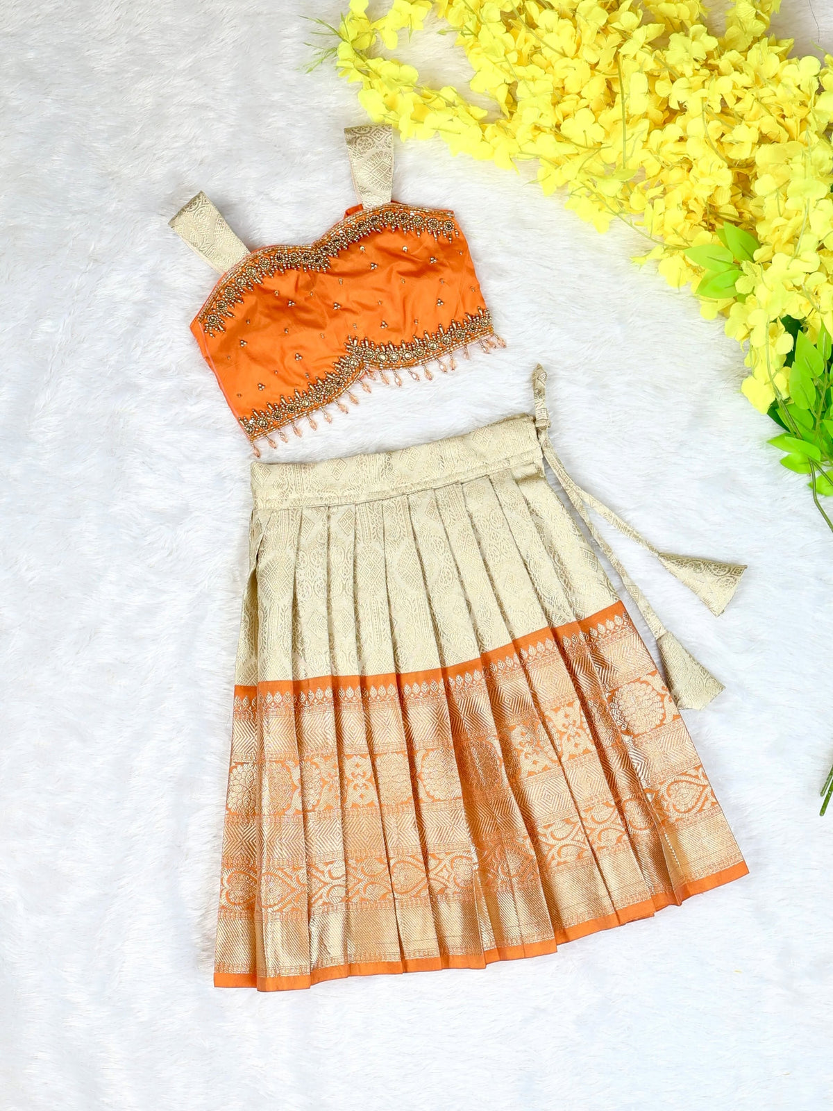 TANVI - A Royal Blend of Orange & Ivory Gold Premium Banarasi Skirt and Top