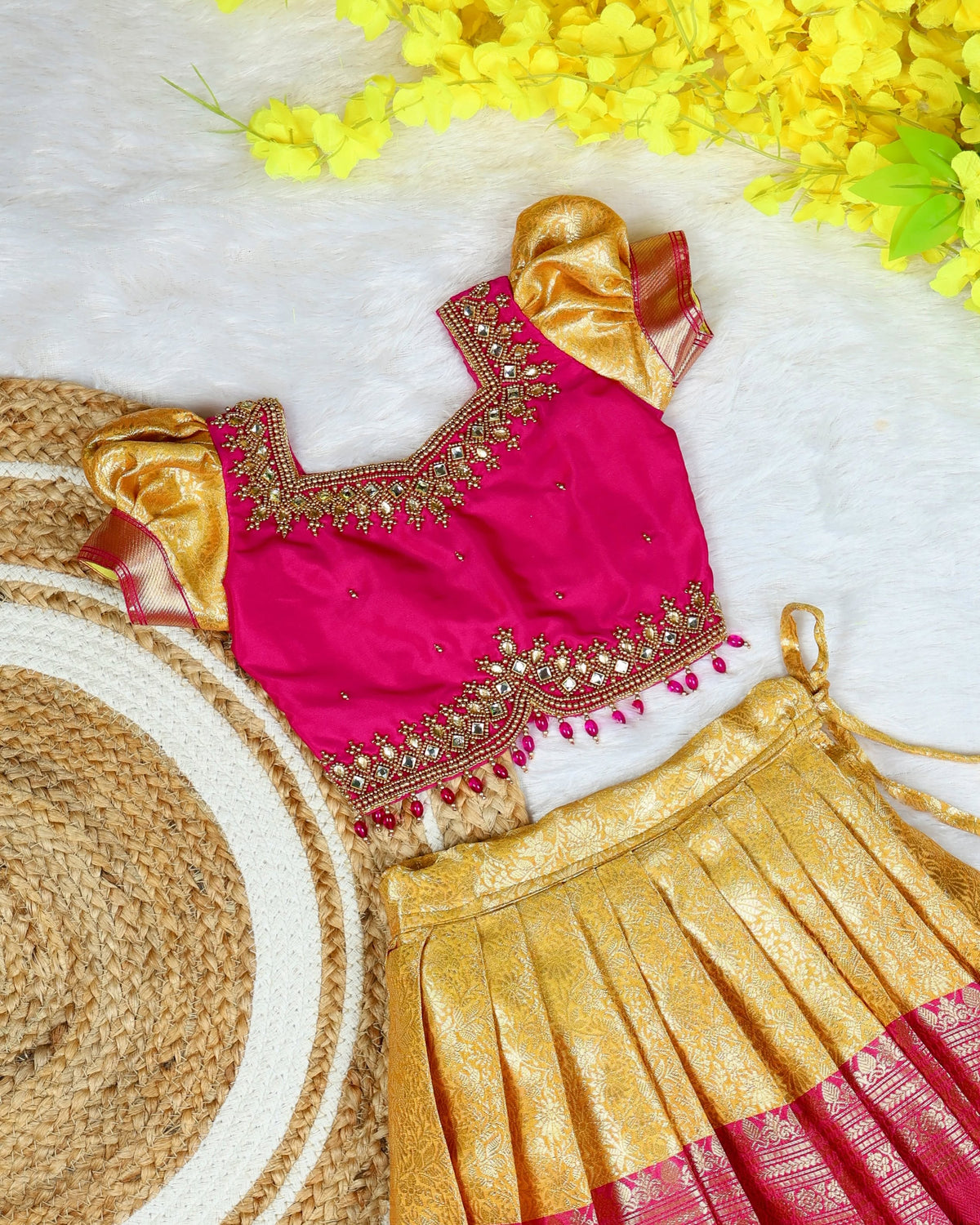 YALINI - Pink & Golden Yellow Premium Banarasi Pattu Paavadai