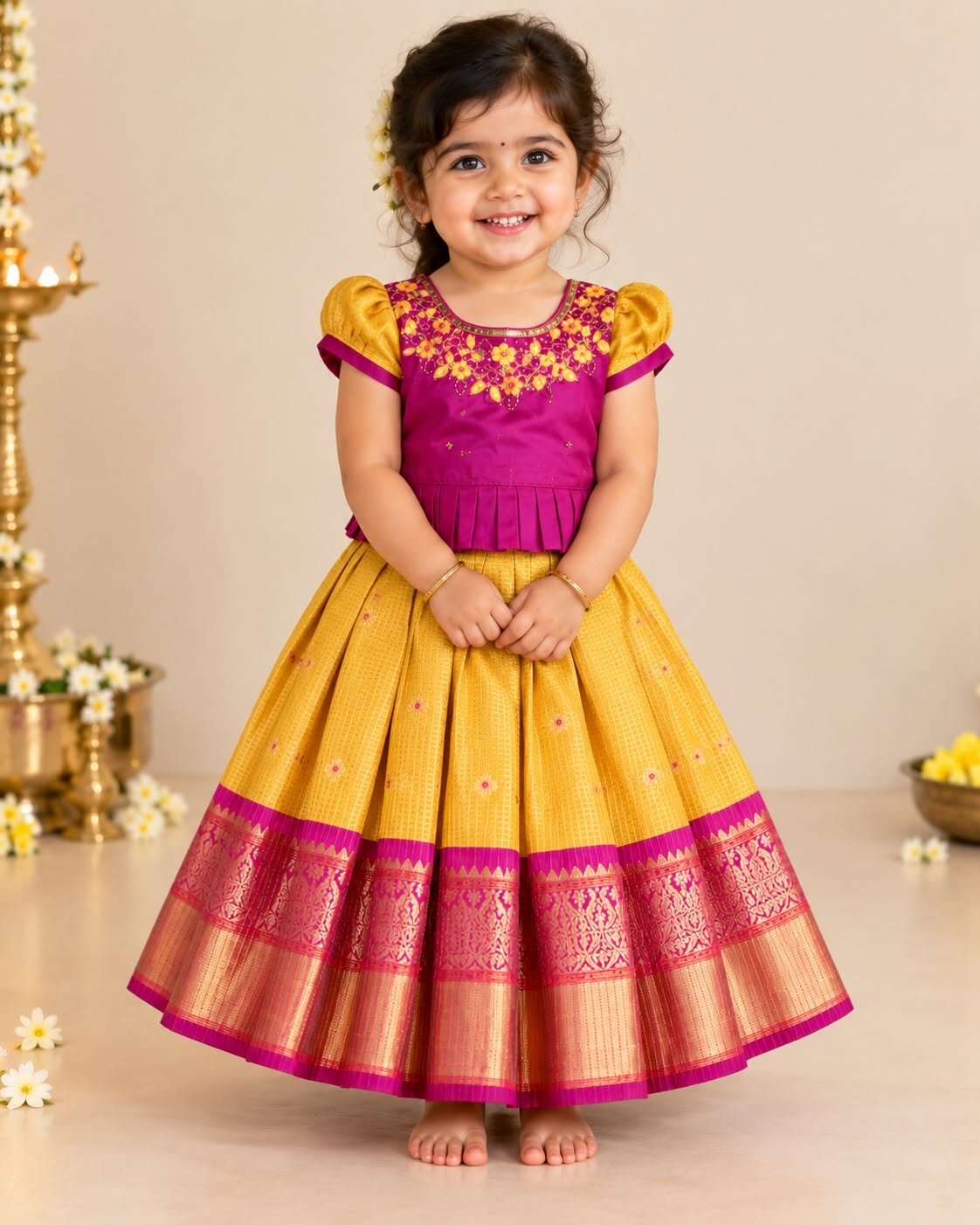 RADHAI - A gorgeous golden yellow & magenta festive set featuring a beautifully detailed Aari-work blouse