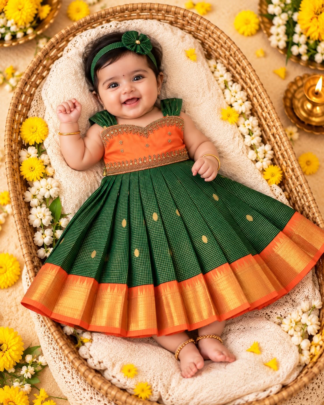 SAYURI - Classic Deep Green & Vibrant Orange Pattu Frock