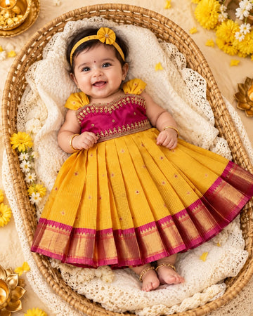 SAYURI - Classic Yellow & Magenta Pink Pattu Frock