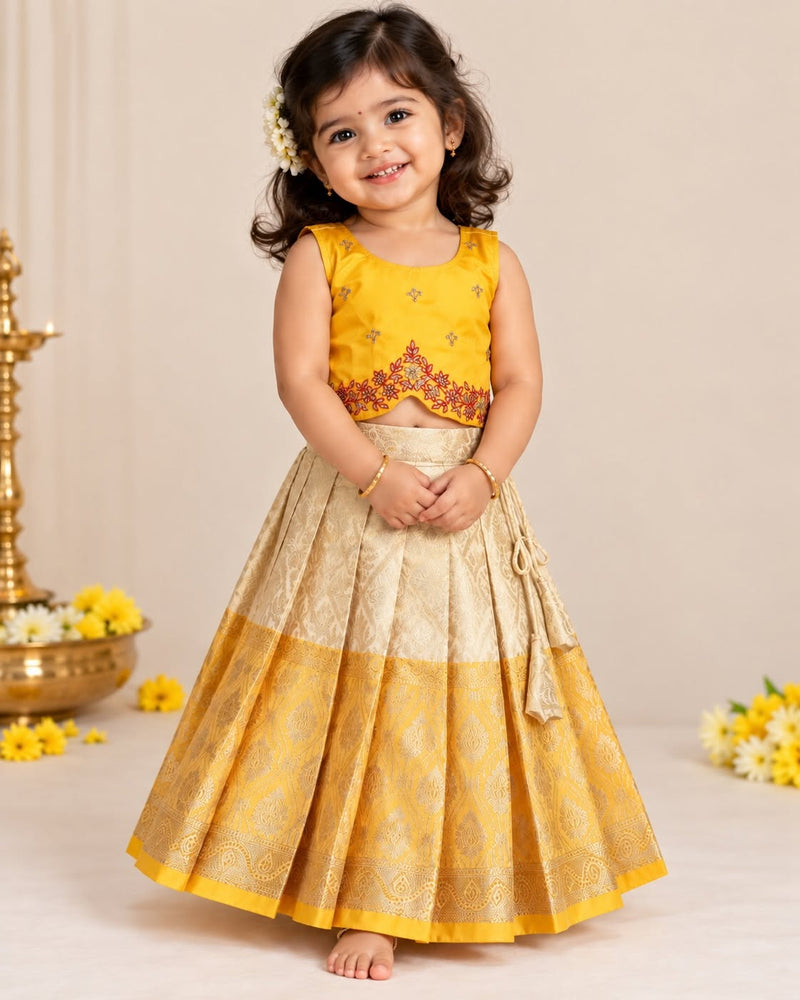 VENBA - A beautiful festive crop top & skirt set crafted in a rich yellow and elegant ivory-gold combination