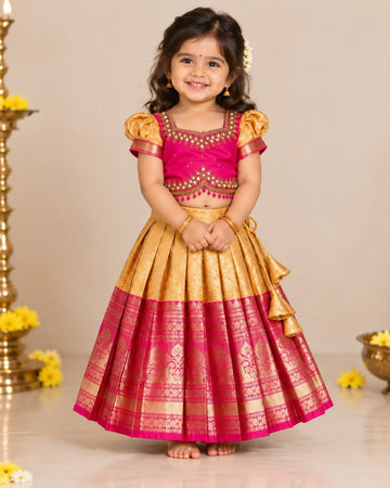 YALINI - Pink & Golden Yellow Premium Banarasi Pattu Paavadai