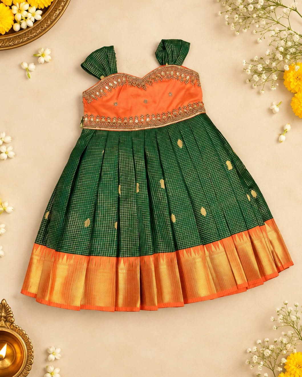 SAYURI - Classic Deep Green & Vibrant Orange Pattu Frock