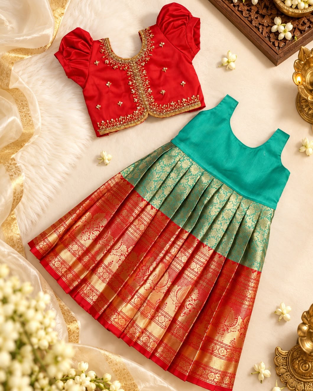 ISAI - Festive Red Aariwork Blouse and Pastel Green Skirt with Broad Kanchivaram pattu border