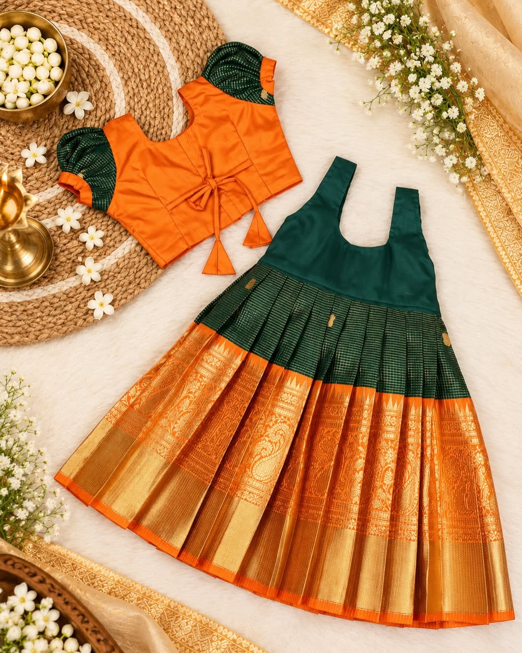BAIRAV - Vibrant orange Aariwork blouse paired with a deep green pleated skirt