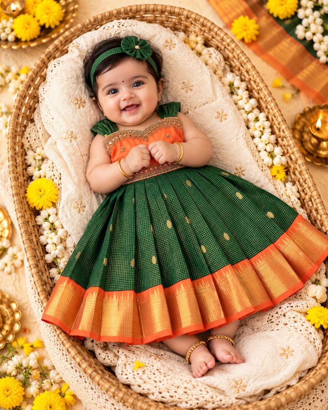 SAYURI - Classic Deep Green & Vibrant Orange Pattu Frock