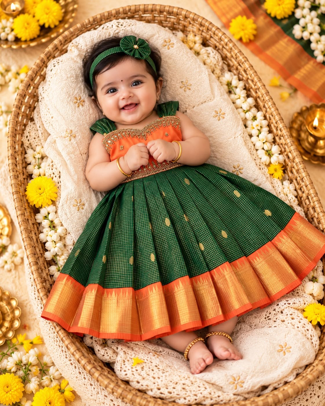 SAYURI - Classic Deep Green & Vibrant Orange Pattu Frock