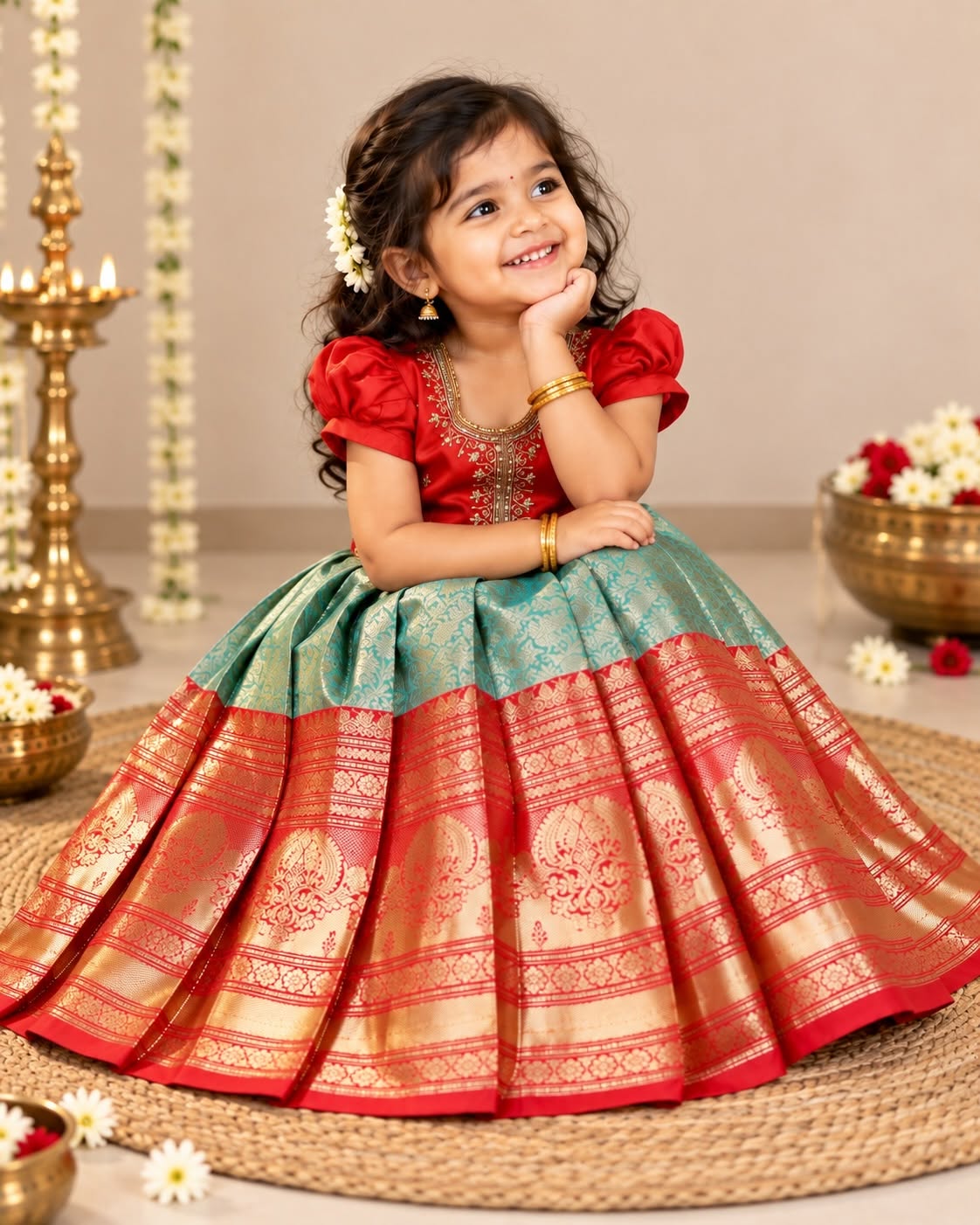 ISAI - Festive Red Aariwork Blouse and Pastel Green Skirt with Broad Kanchivaram pattu border