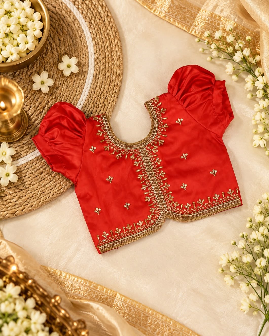 ISAI - Festive Red Aariwork Blouse and Pastel Green Skirt with Broad Kanchivaram pattu border