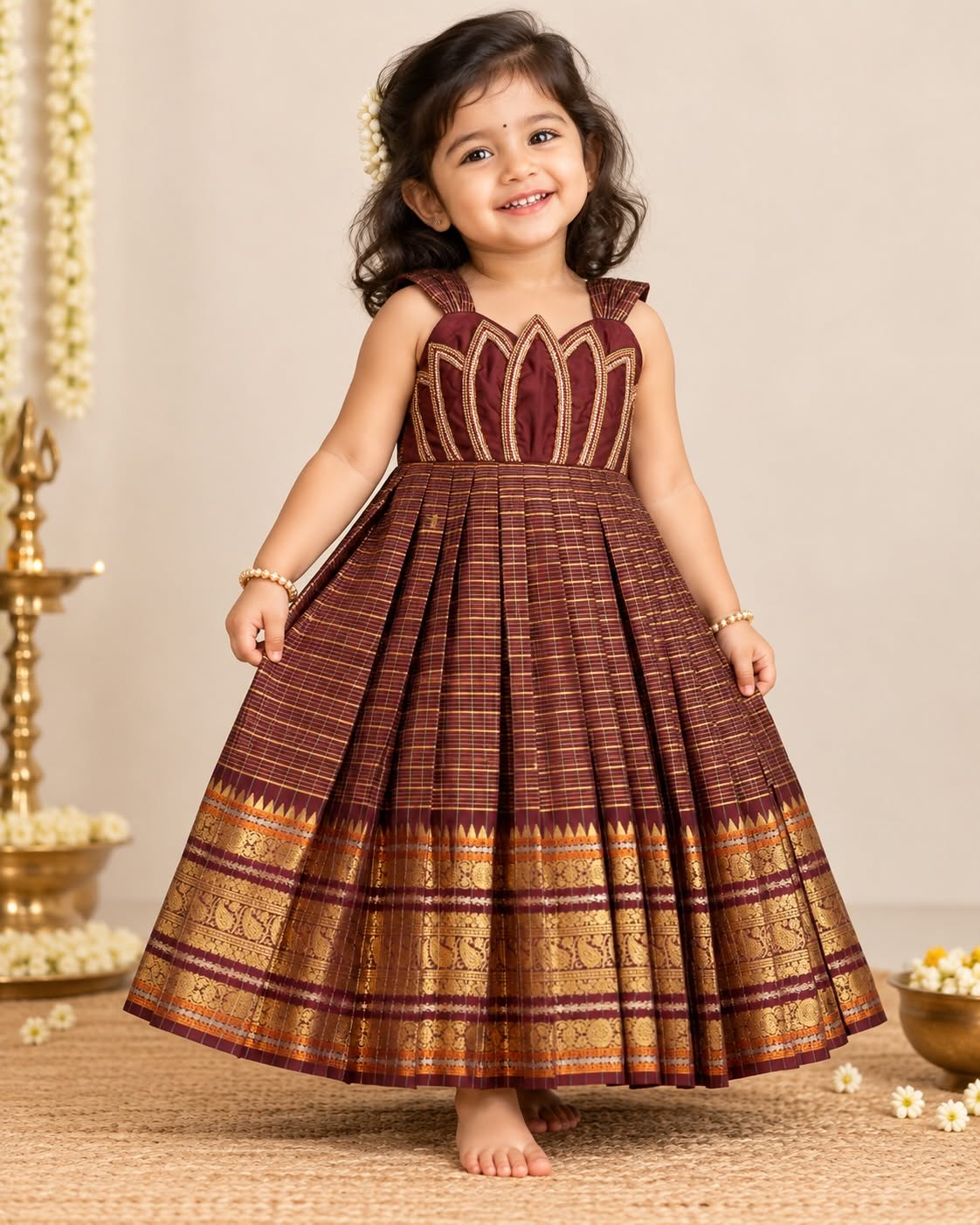 SENTHAMARAI - A rich deep brown frock beautifully adorned with intricate lotus Aariwork